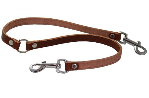 Black, Large Genuine Leather Double Dog Leash Two Dog Coupler 16”L x 7/8”W