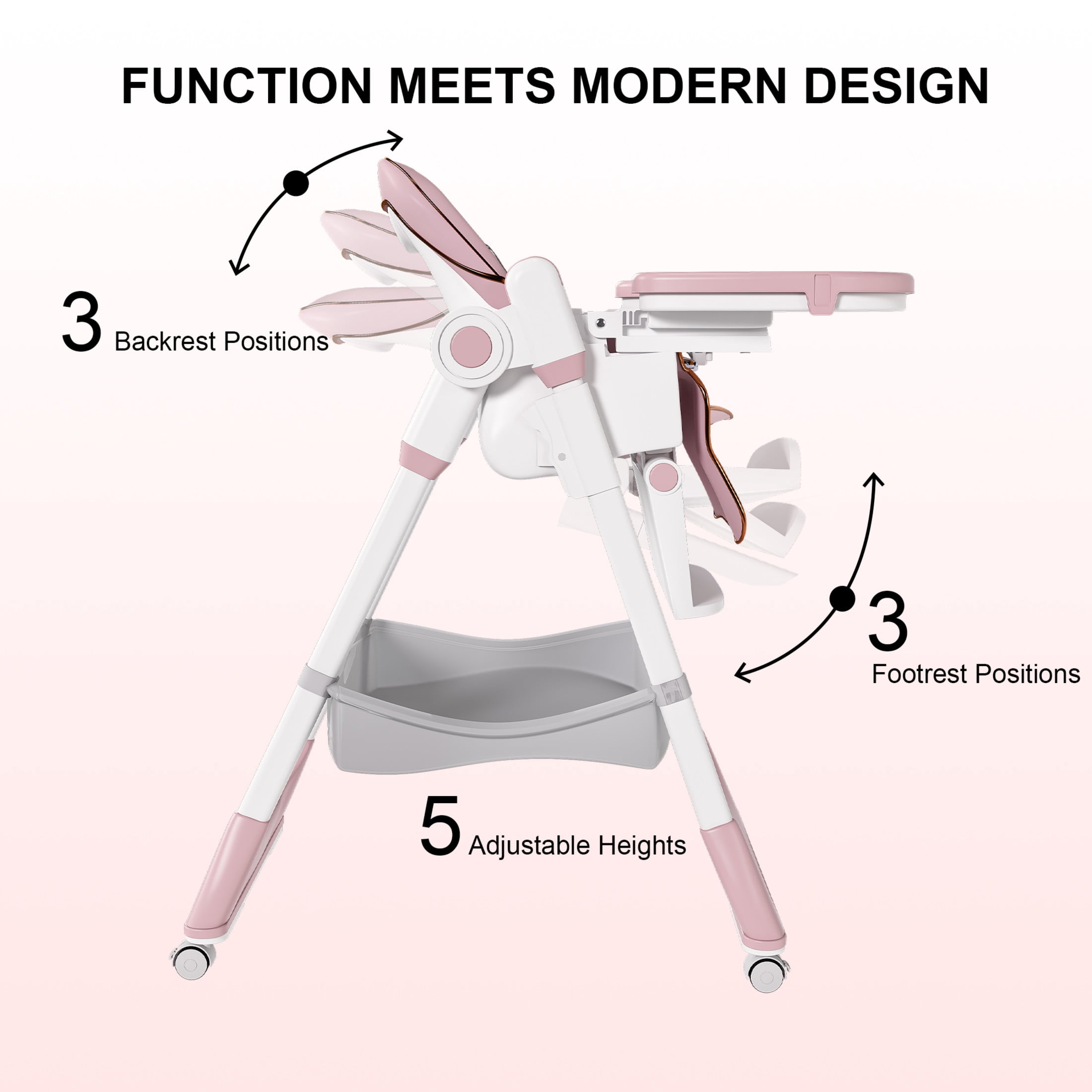Noble House Adjustable Foldable Baby High Chair with Removable Tray, Harness and Lockable Wheels, Pink