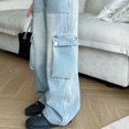 thumbnail image 5 of Kids Girls Wide Leg Denim Cargo Pants Casual Baggy Jeans High Waist Floor Length Jeans with Pockets, 5 of 9