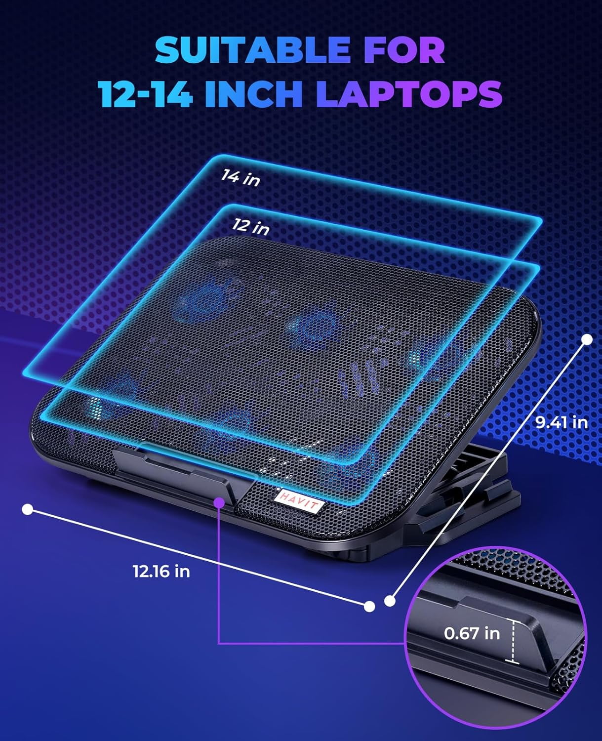 Laptop Cooling Pad with 6 Quiet Fans and Adjustable Heights for 12-14.1 Inch Laptops, Dual USB Ports, Phone Holder, Efficient Cooling Stand for Heat Dissipation