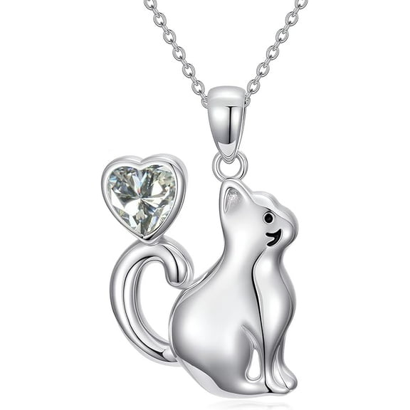 LONAGO Cat Necklace for Women 925 Sterling Silver Cute Cat with Birthstone Pendant Necklace for Pet Lovers