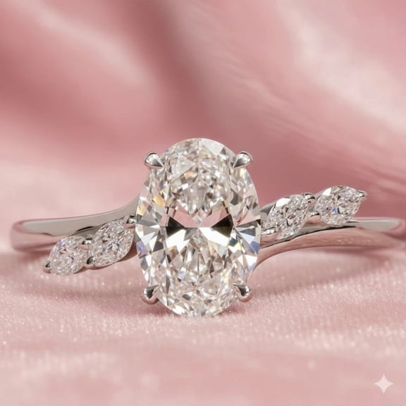 2.00 Ct Oval Cut Moissanite Marquise Leaf-Style Side Accent Stone Looking Unique Ring For Bridal And Wedding Ring In 925 Sterling Silver