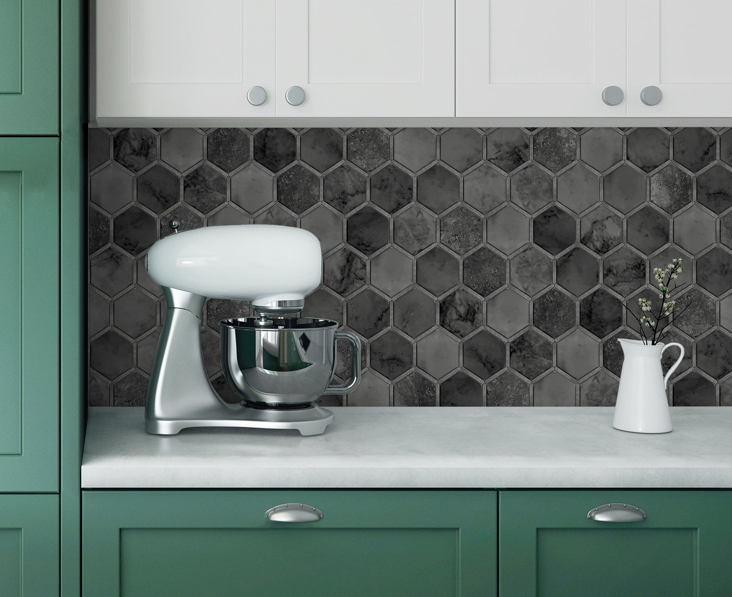 NextWall Cosmic Black & Metallic Silver Inlay Hexagon Peel and Stick Wallpaper