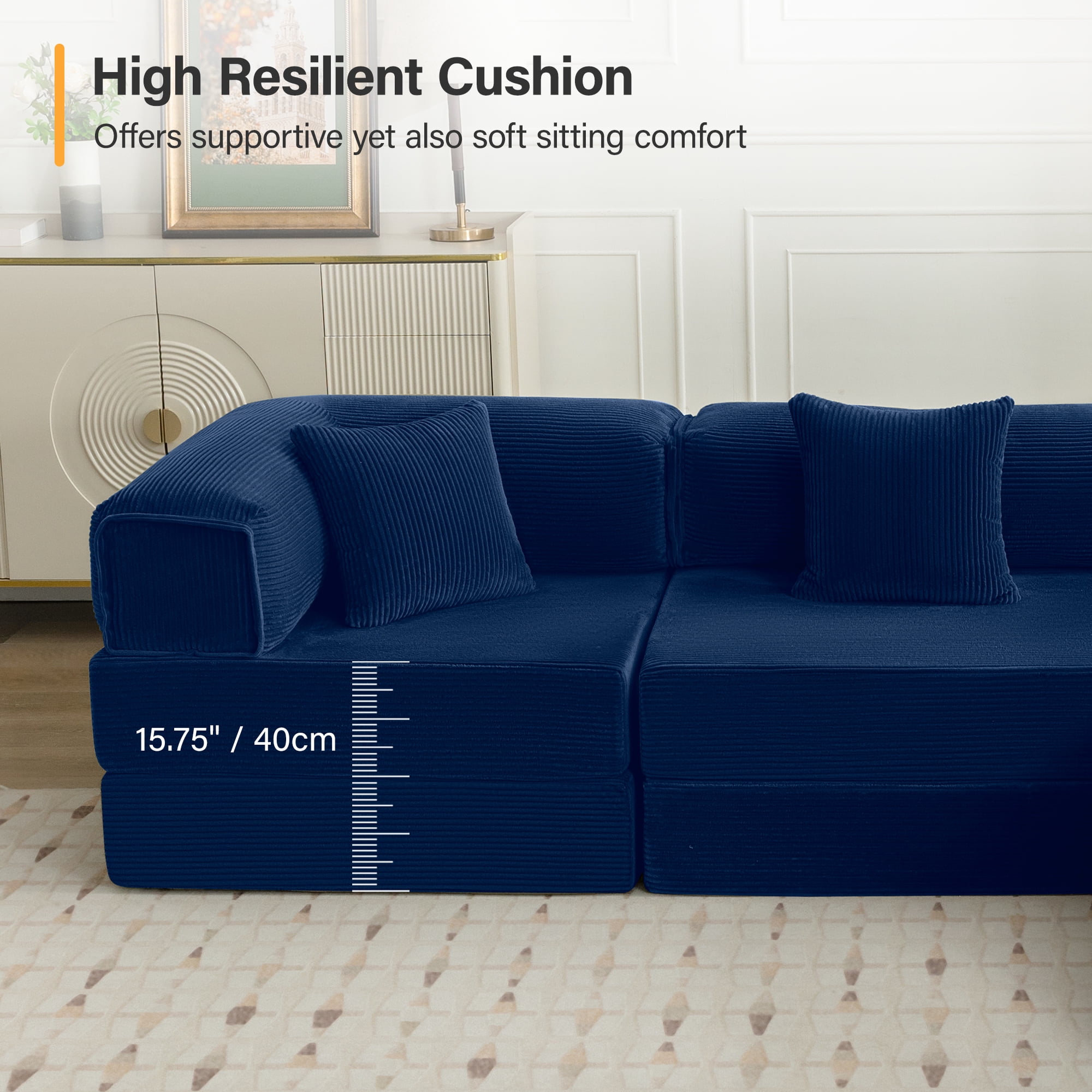 COOLHUT 106.3" W Combination Sofa, High Rebound Density Sponge Sofa Couch, Modular Sectional Sofa L-Shape Corduroy Couch with Chaise, Big Comfy Sleeper Floor Sofa for Living Room, Navy Blue
