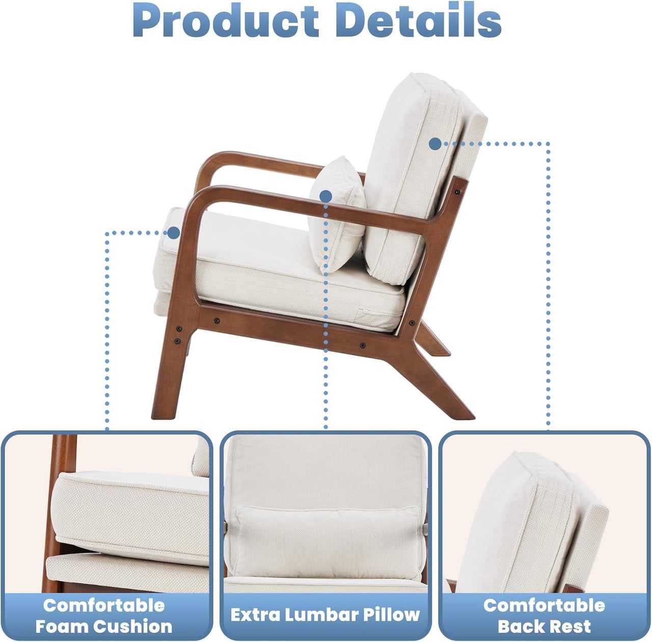 Simple Deluxe Accent Chair with Arms and Waist Pillow, Mid Century Modern Lounge Chair with Solid Wood Frame for Living Room, Bedroom, Cream