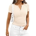 thumbnail image 3 of PRETTYGARDEN Womens Summer Short Sleeve Tops Spring Casual V Neck Henley Button Up T Shirts Dressy Ribbed Knit Blouses, 3 of 8