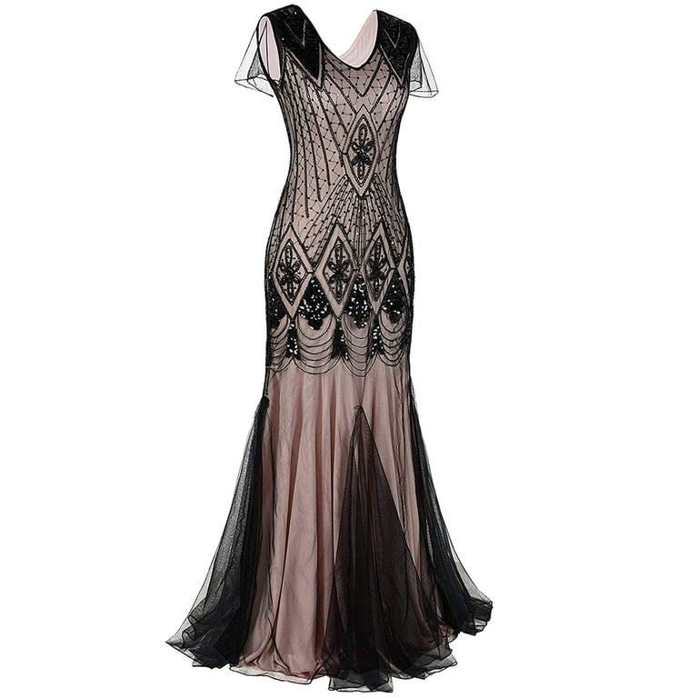 knee length dresses for ladies 1920s Flapper Long Gown Beaded Sequin Great Gatsby Formal Party Dress  (Black, Pink, Green, Silver)