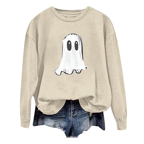 Gunia Women'S Halloween Ghost Sweatshirt Ladies' Long Sleeve Autumn Graphic Cute Printed Lightweight Hoodie Pullover Tops Fall Fashion Clothes Beige S-2Xl