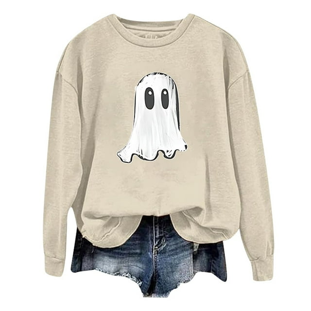 Arlun,Halloween Chandails en Molleton Citrouille 2025 Mode Automne Femmes Grande Taille Chandails à Lettres Imprimées Hauts Coupe Ample Confortable Col Rond Manches Longues Manteau Hauts Sans Capuche Beige2 L