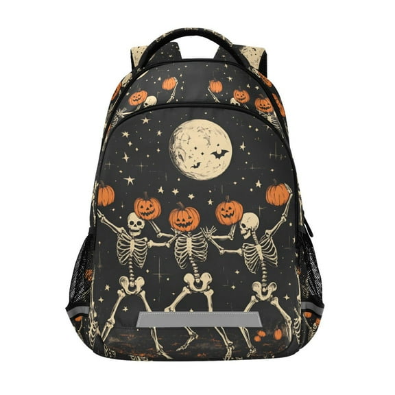 FORMRS Unisex Backpack Elementary School Travel Bookbag with Reflective Stripes, Black Halloween Dancing Skeleton