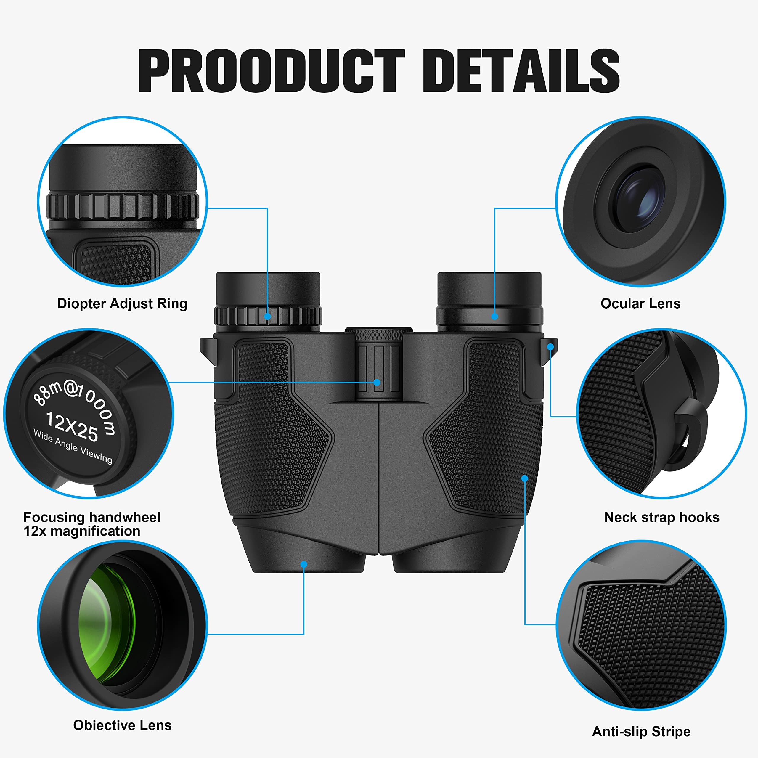 Binoculars 12x25 for Adults and Kids Low Light Vision Binoculars Compact Binocular Large Eyepiece Waterproof Binocular Wide Field of View for Bird Watching,Hiking,Hunting,Concert with Carrying Bag