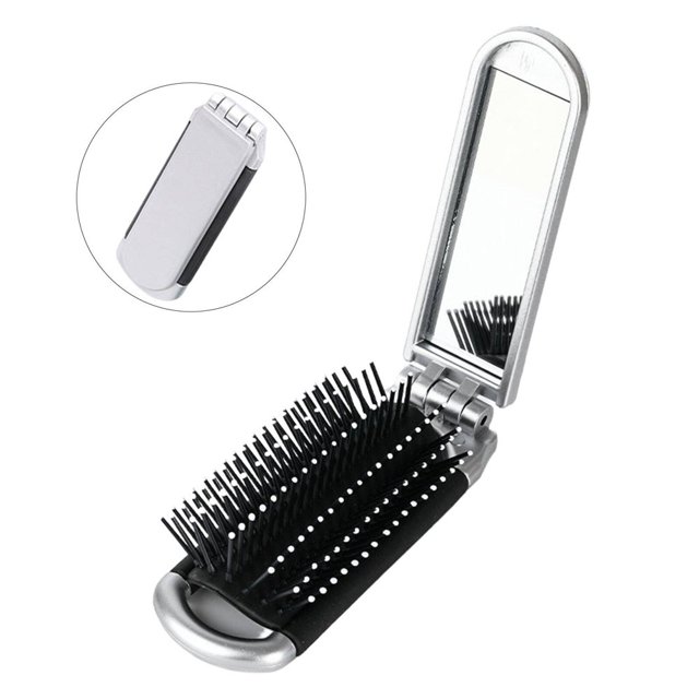 HLONK Mini Brosse à Cheveux Compacte Pliable avec Miroir Intégré Brosse de Voyage Portable Améliorée Argent