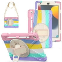 XYX Case for iPad 9th/8th/7th Gen 10.2 inch 2021/2020/2019 with 360 Degree Rotating, Hand Strap, Shoulder Strap, Colourful Pink