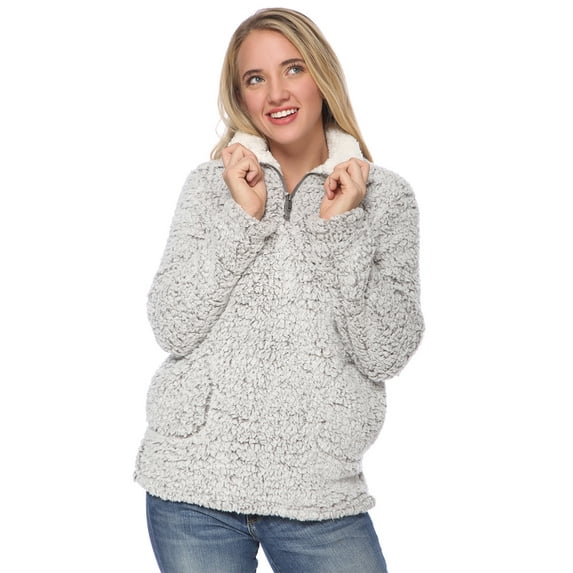 Womens Fuzzy Long Sleeves Quarter Zip Teddy Sherpa Pullover Sweater, Grey, Large
