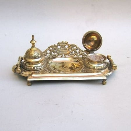 India Overseas Trading Br3423 Double Inkwell Brass Desk Set India Overseas Trading Br3423 Double Inkwell Brass Desk Set