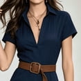 thumbnail image 3 of Morttic Women's Shirt Dress with Belt – Short Sleeve Solid Color Summer Casual A-Line Maxi Dress for Office & Daily Wear Navy Blue，M, 3 of 6