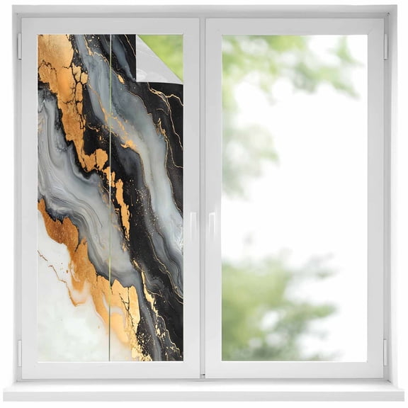 Black Golden Window Privacy Film, Marble Aesthetics Modern Ink Painted Static Cling UV Sun Blocking Heat Control Window Tint Day and Night, Non-Adhesive One Way Windows Privacy Cover 19.6''x39.3''