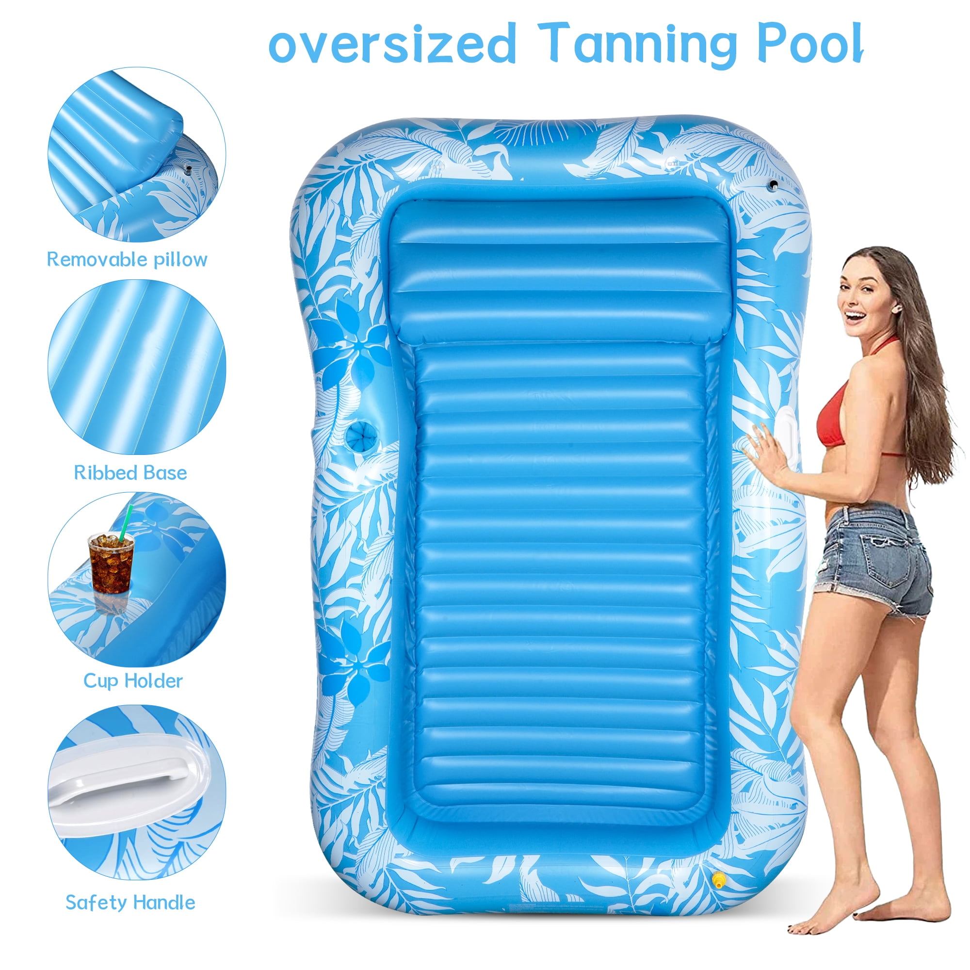 Inflatable Tanning Pool Lounger Float with Sprinkler, 81" x 51" Pool Floats Adult with Pillow, all in one Suntan Tub Raft Floatie with Drink Holder Sunbathing Water Lounge Blue