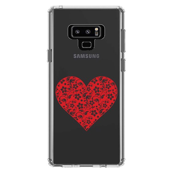 DistinctInk Clear Shockproof Hybrid Case for Samsung Galaxy Note 9 - TPU Bumper Acrylic Back Tempered Glass Screen Protector - Red Floral Heart Clear