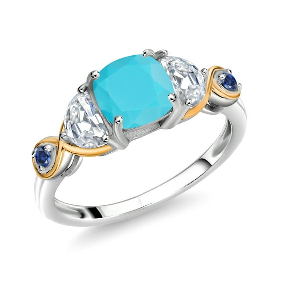 Gem Stone King 925 Silver and 10K Yellow Gold 3-Stone Ring Cushion Turquoise Half Moon Moissanite (1.56 Carat Cttw) (Size 6)