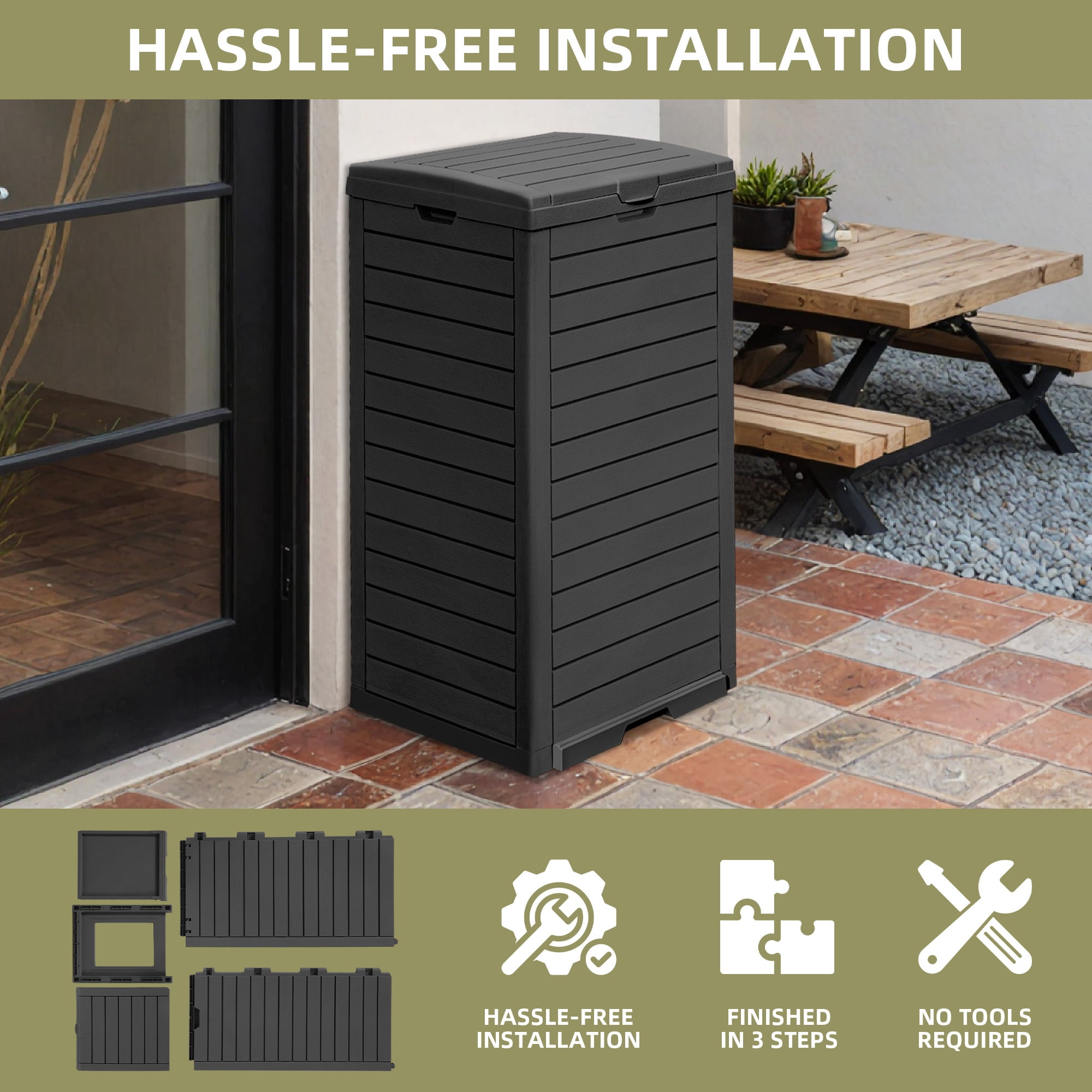 Uforic 31 Gallon Large Outdoor Trash Bin, Waterproof Resin Garbage Can with Lid & Drip Tray, Black Waste Container for Porch & Backyard