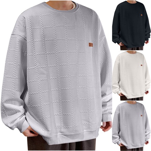 Visit the JURANMO Store Chandail à Col Rond pour Hommes, Grande Taille, Manches Longues Texturées, Coupe Ample, Décontracté, Automne, Noir m