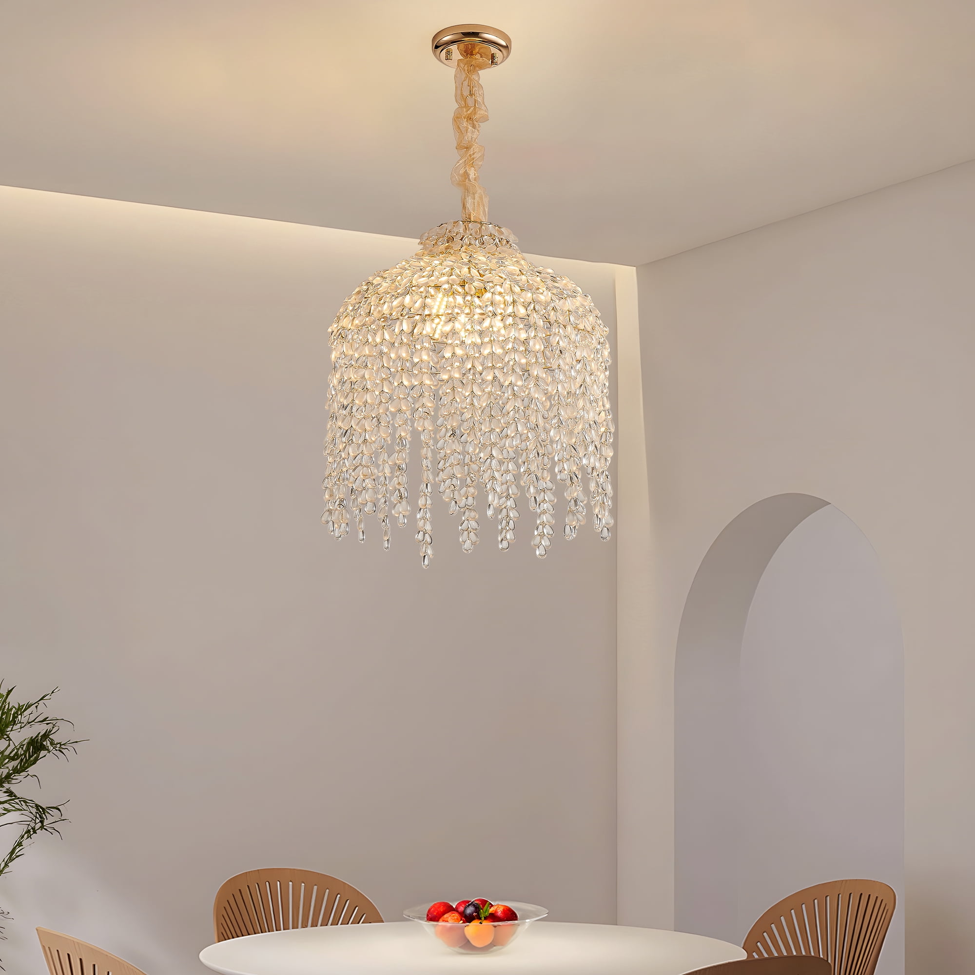 15.7 Inch Crystal Chandelier, Adjustable Height Pendant Light with Grape-Shaped Crystal Bead Strings, Modern Ceiling Hanging Lamp Fixture for Living Room, Bedroom, Dining Room
