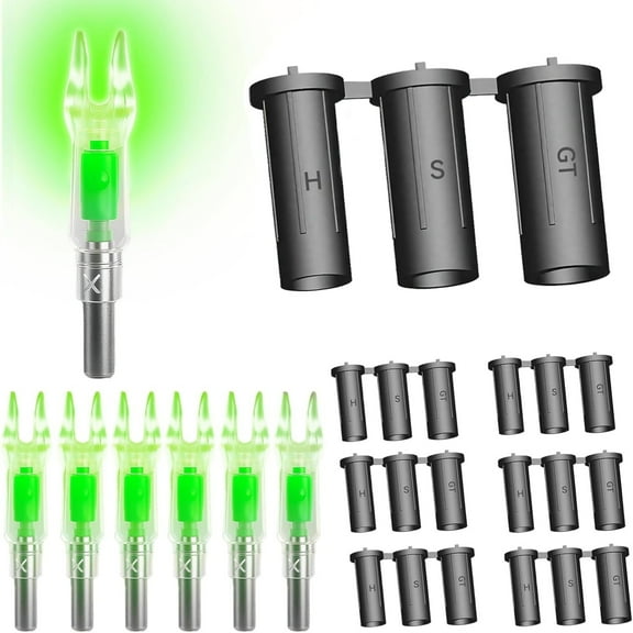 6pcs Glow-in-the-Dark Archery Nocks with On/Off Switch, Bright Green Luminous Nocks for ID .233 / .244 / .246 Arrows, High-Visibility Lighted Nocks for Target Practice & Low-Light Shooting