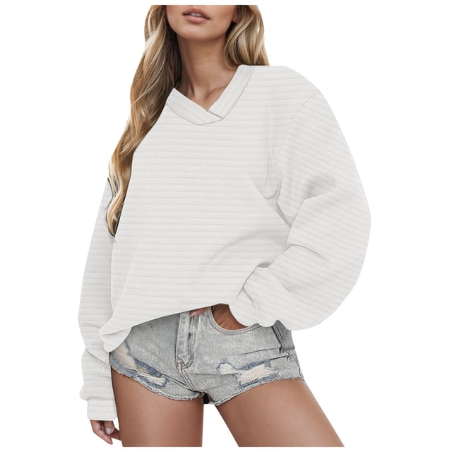 WEAIXIMIUNG Sweatshirt Women Plus Size Solid Color V Neck Long Sleeved Hoodless Sweatshirt for Women