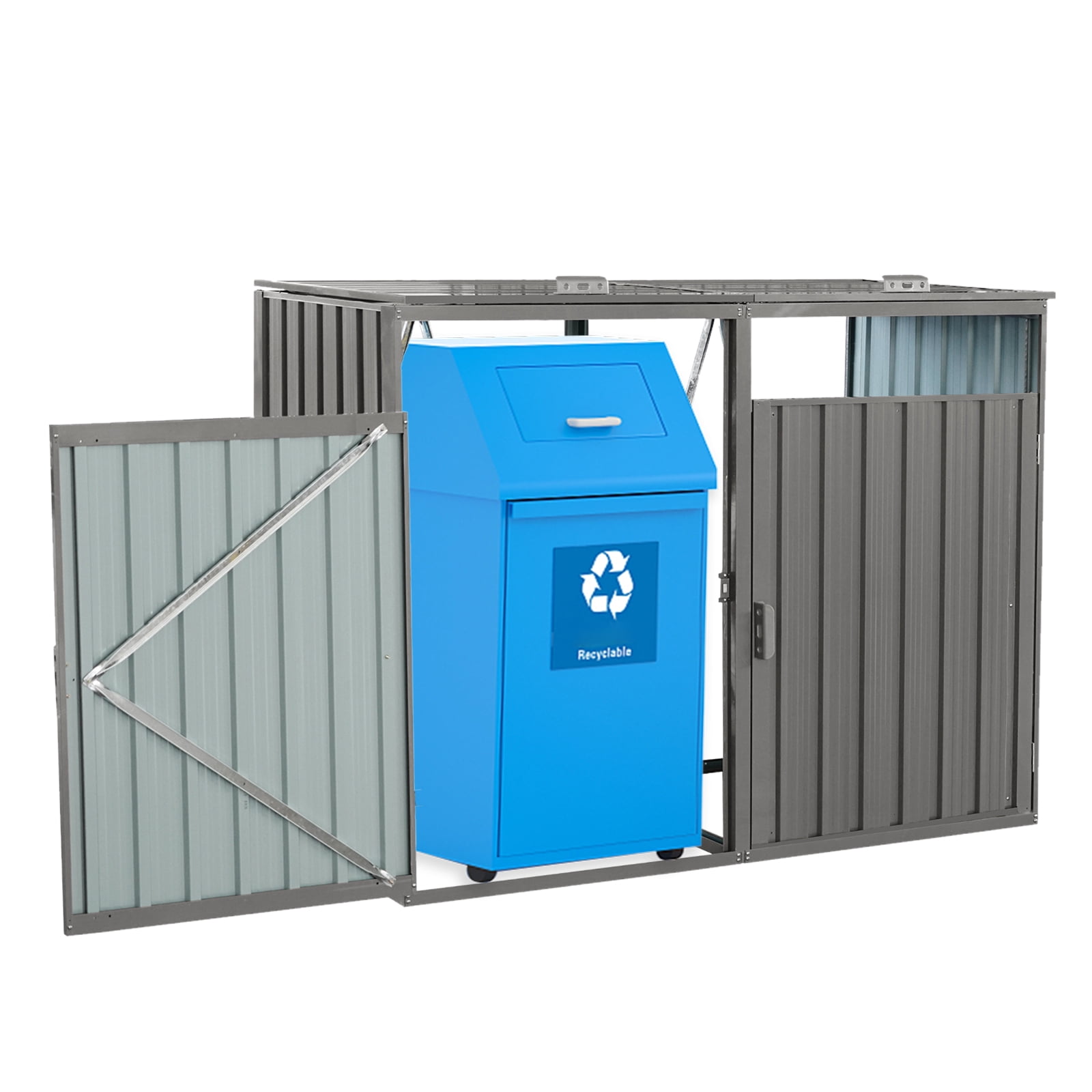 Trash Bin Storage Shed, Metal Outdoor Bin House for Double Garbage Can Storage Garden Yard Lawn, Grey