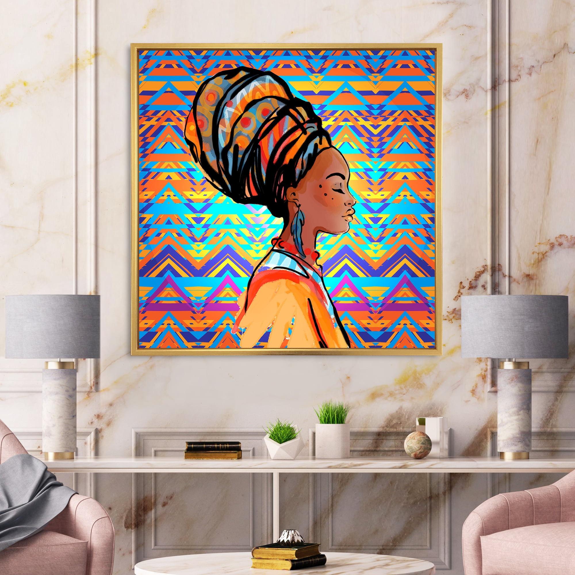 Designart 'African American Woman Portrait with Turban IV' Modern Framed Canvas Wall Art Print