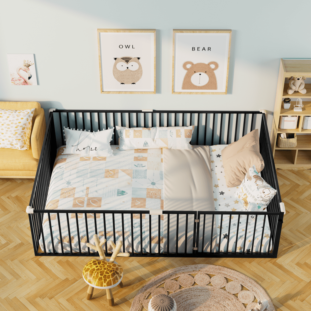 Full Size Metal Floor Bed Frame with Fence and Door, Montessori Bedframe, No Box Spring Needed, Easy to Install, Black