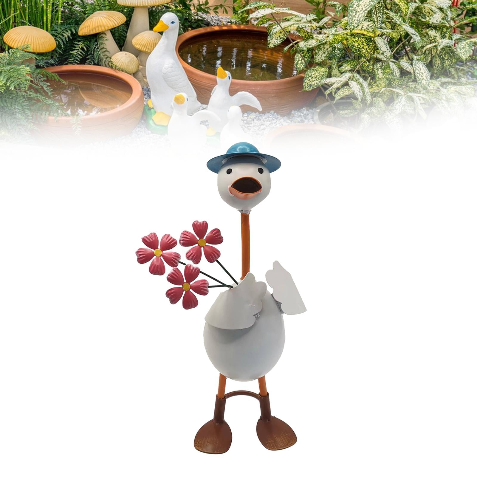 Baoblaze Duck Garden Statue Figurine Animal Garden Statue Ornament Funny Sculpture for Indoor ,Outdoor ,Fence ,Garden, Decor Red Flowers