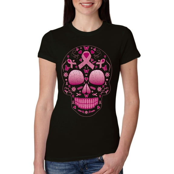 Wild Bobby Pink Breast Cancer Sugar Skull Breast Cancer Awareness Women Slim Fit Junior Tee, Black, Small