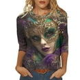thumbnail image 2 of successthop Mardi Gras 3/4 Sleeve Tops for Women Plus Size with Crew Neck Polyester Casual Mask Printed Mardi Gras Celebrations Blouse Tops for Mardi Gras Event Purple XL, 2 of 5