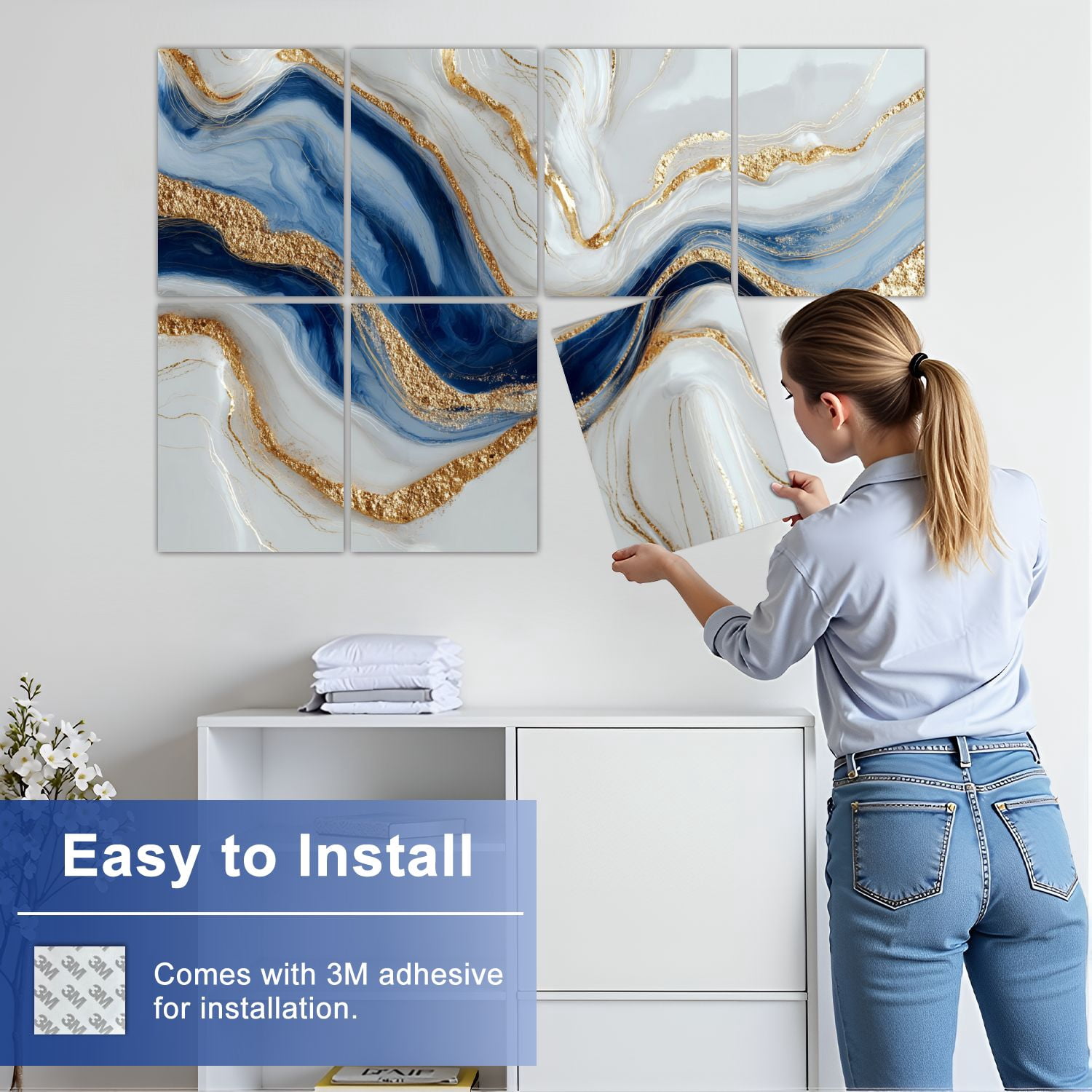 Modern Marble 8 Pack Art Acoustic Panels Sound Absorbing Abstract luxury marble marbling texture Blue gold white Decorative Soundproof Wall Panels Self Adhesive for Nursery Game Room Bedroom 48"x32"