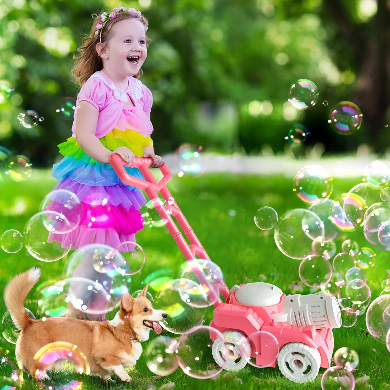JBeeCtrl Bubble Machine Bubble Lawn Mower for Kids Toddlers Automatic Push Toys Summer Outdoor Toys Bubble Maker for Boys Girls 3-6 Years（Pink）