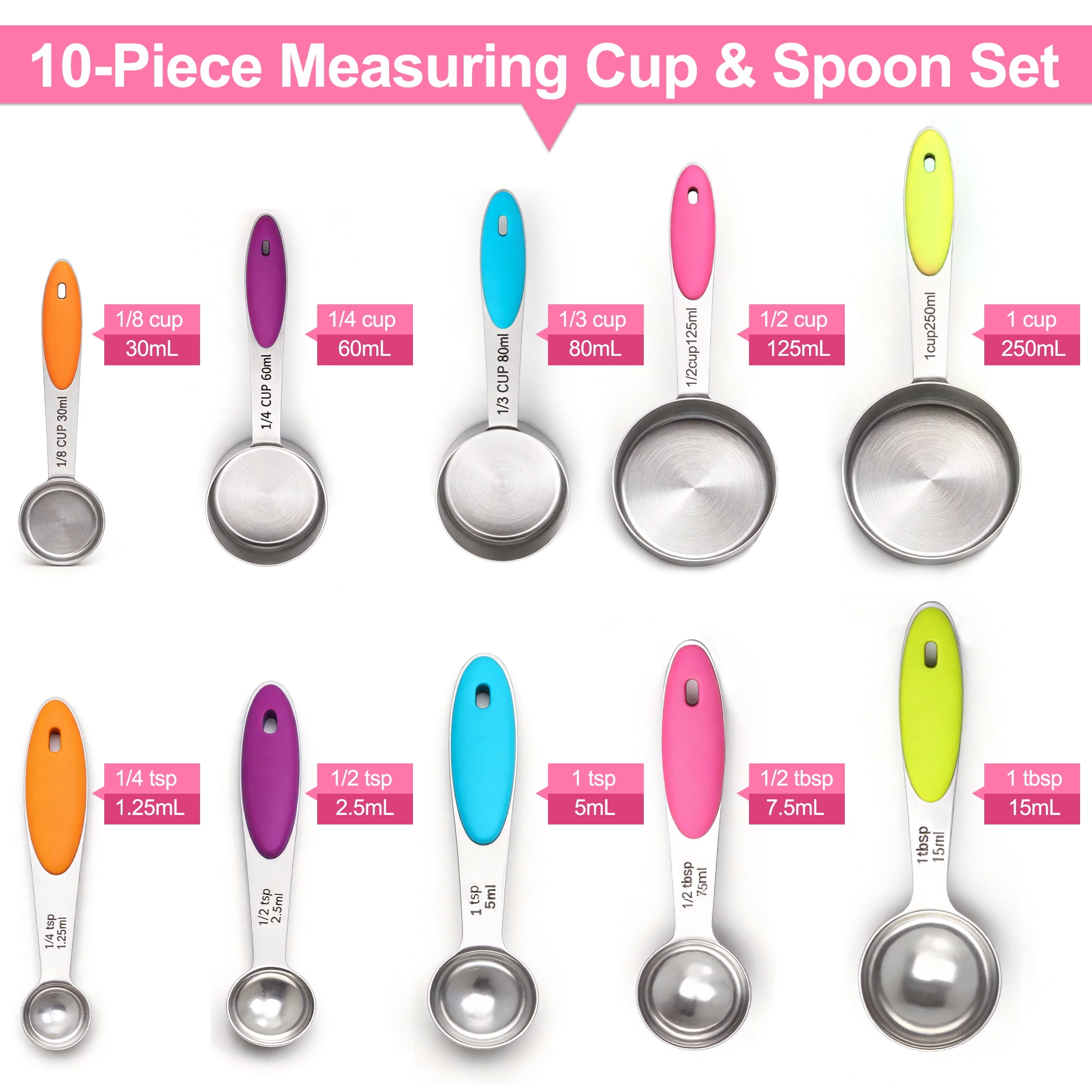 10-Piece Measuring Cups and Spoons Set, Stainless Steel Measuring Cup with Colorful Silicone Non-Slip Handles, Etched Markings, Stackable Kitchen Measuring Tools for Baking Cooking