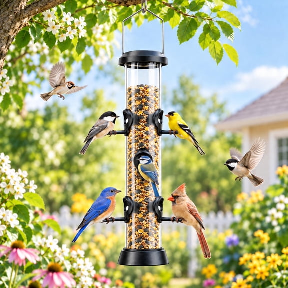 PHANCIR Tube Bird Feeder with 6 Feeding Ports & Perches, Clear Hanging Wild Bird Feeder for Outdoor Garden, Patio, Balcony, Easy Refill & Clean