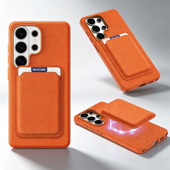 For Samsung Galaxy S26 Phone Case,Compatible with Mag-Safe,2-in-1 Magnetic Detachable Card Holder,With RFID Blocking Card Slots,Anti-Scratch Tech Fabric Back,Shockproof Phone Case,Orange