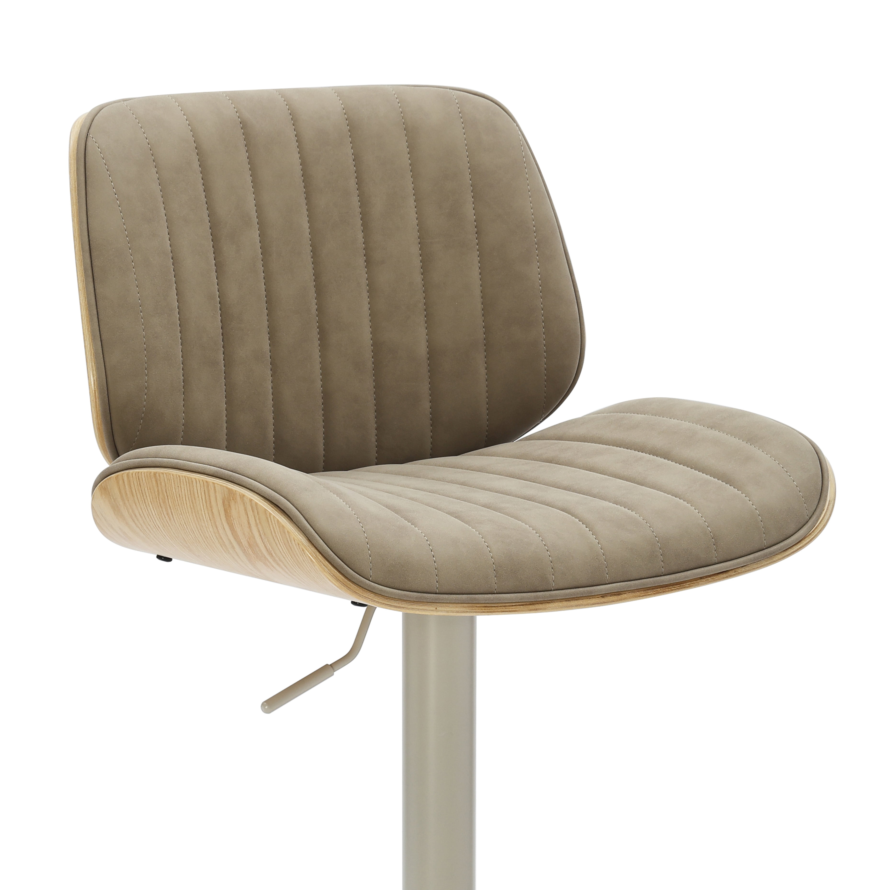 Brock Adjustable Swivel Vintage Taupe Curved Back Wood Bar Stool with Faux Leather Seat