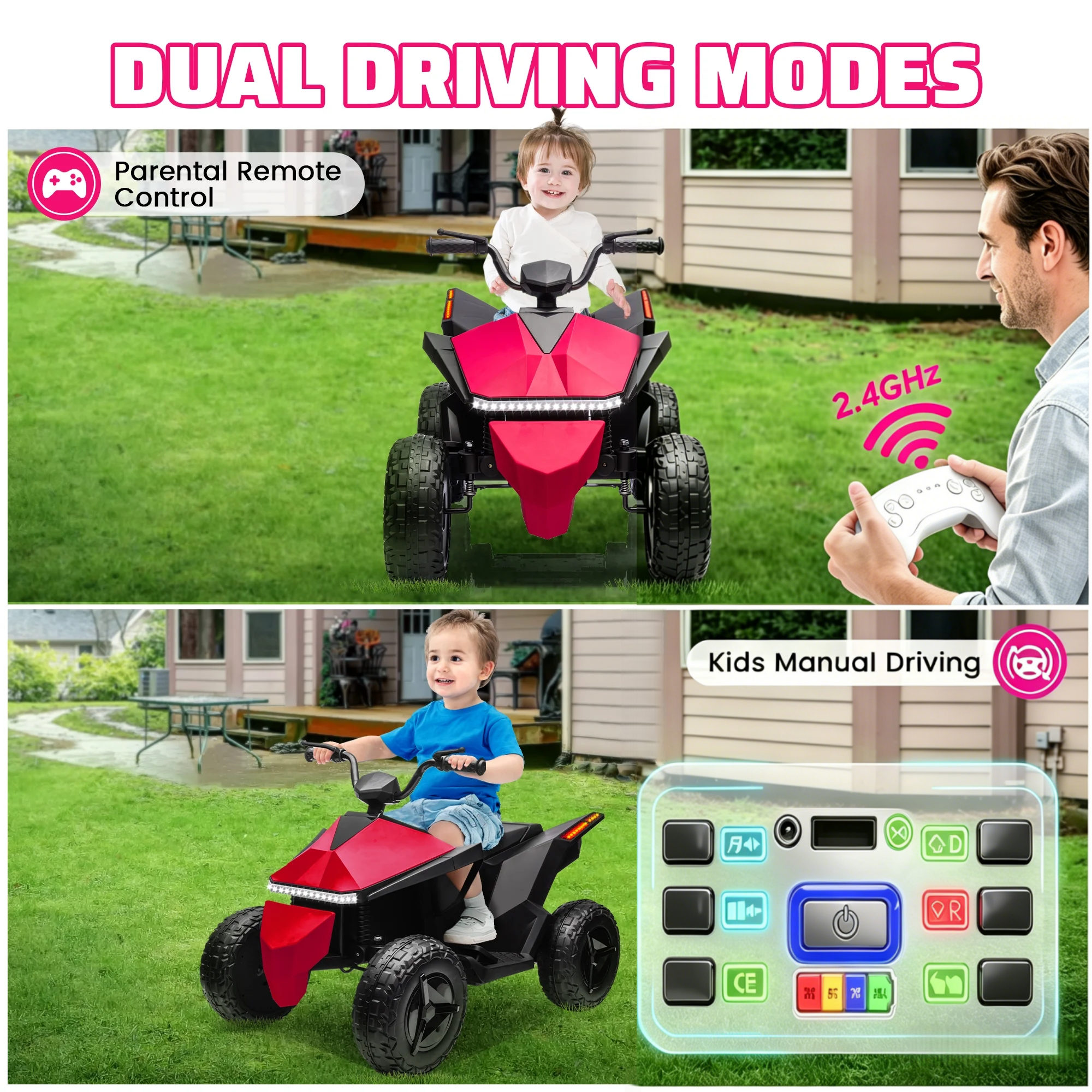 POP FRIENDS Kids ATV 24V, 4WD Ride on Toys Electric Car for Ages 3+ Toddlers Boys Girls with Remote Control, LED Headlights, Anti-Slip Tires, Bluetooth, Music Player, Pro Pink