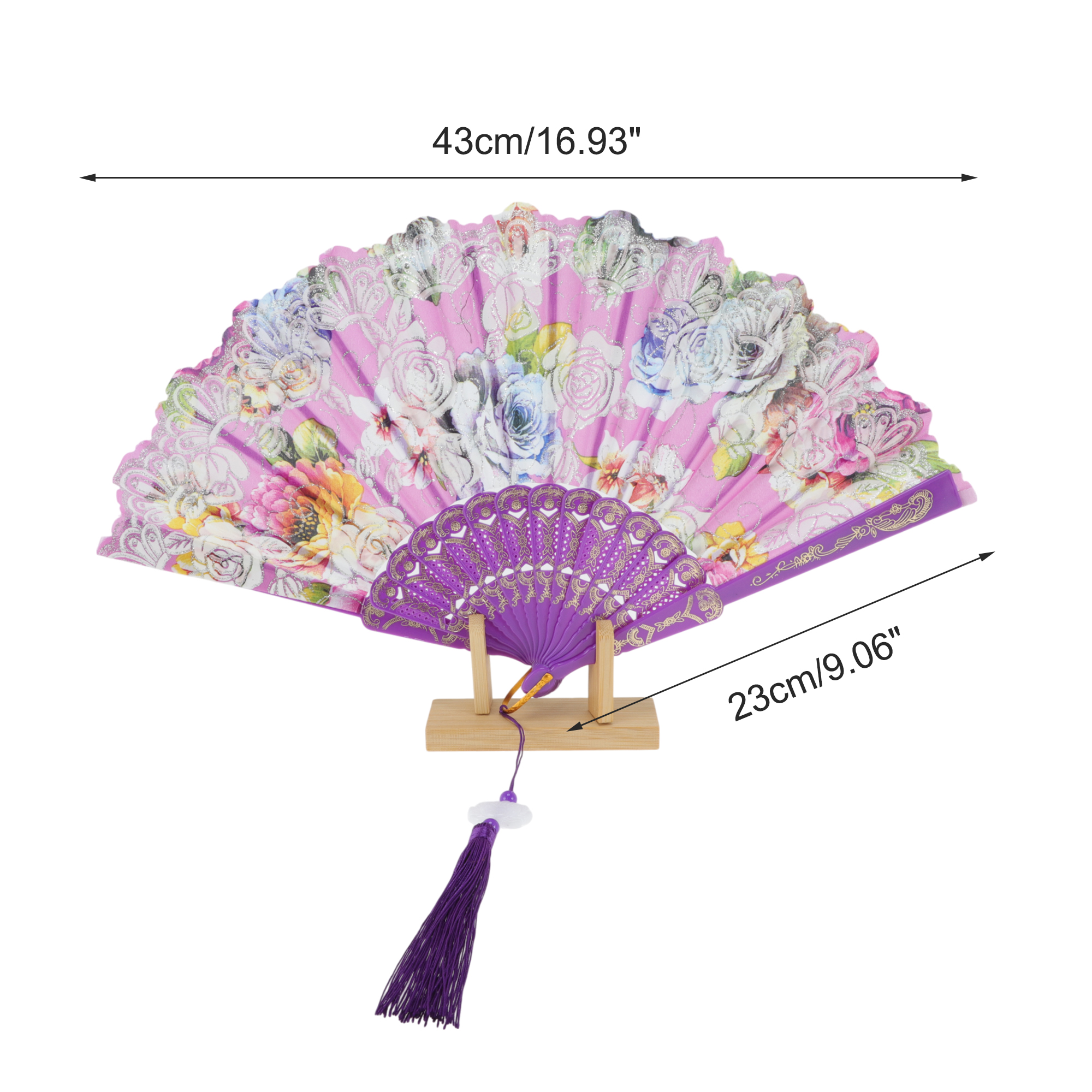 Unique Bargains Rose Print With Tassel Folding Fan 1 Pc For Summer Decorations Purple