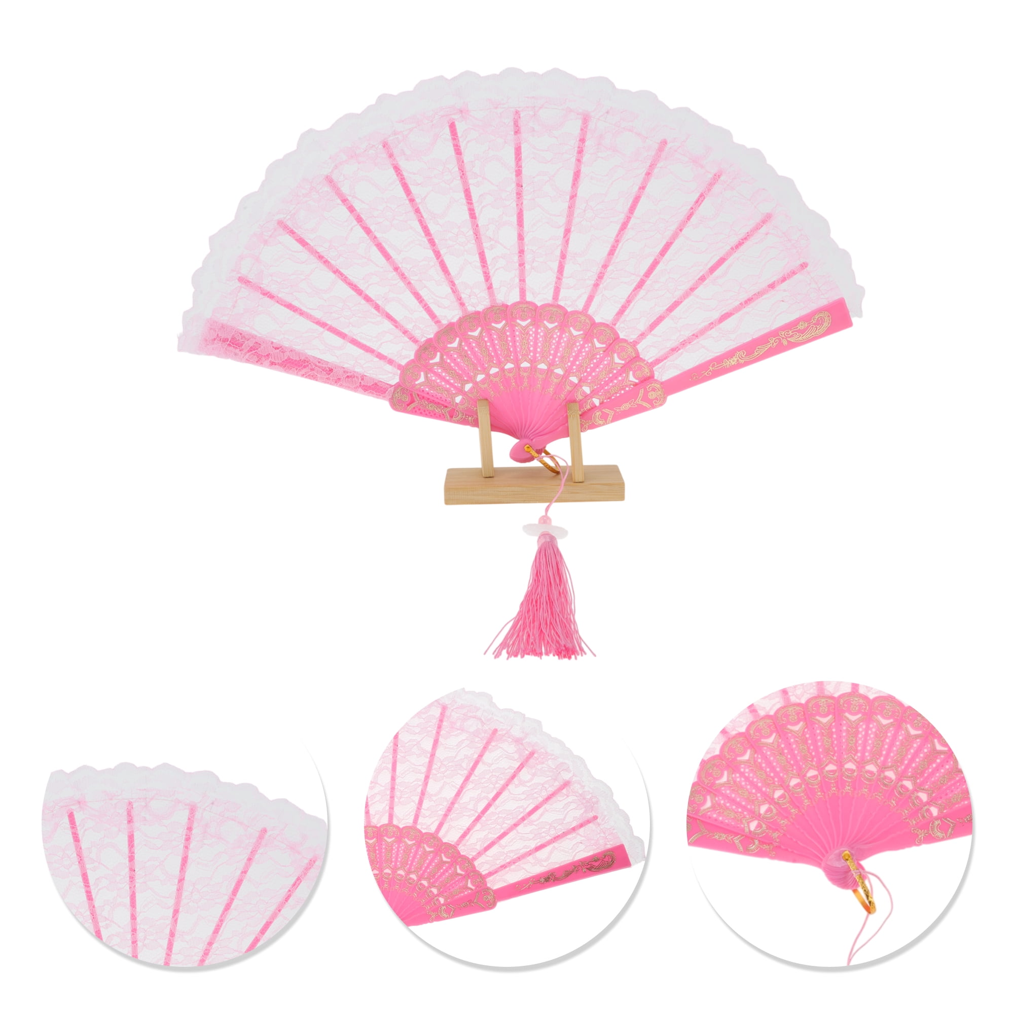 Unique Bargains Lace Trim Orchid with Tassel Folding Fan 1 Pc Pink