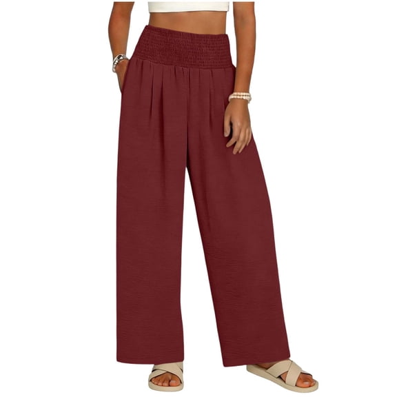 Lenpel Casual Pants for Women Elastic High Waisted Pull on Pleated Wide Leg Pants Baggy Casual Trousers with Pockets