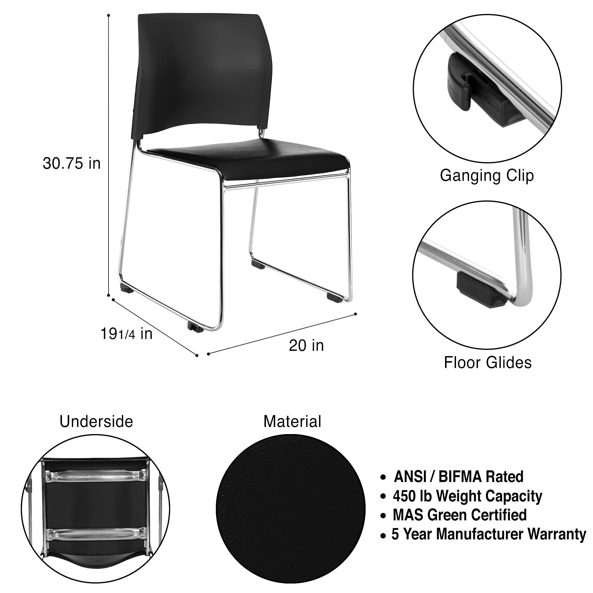 Hampden Furnishings Jody Collection Vinyl Padded Stack Chair, Black, Pack of 4