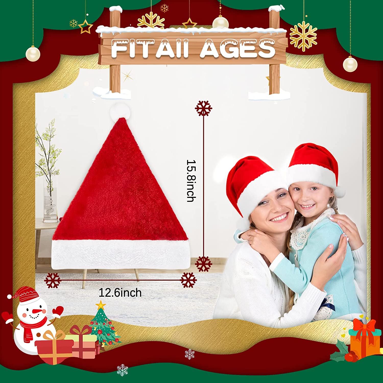 6 Pack Adult Unisex Plush Santa Hats - Classic Cuffed Red & White Design, Soft Comfortable Xmas Hats for Christmas, New Year Festive Celebrations