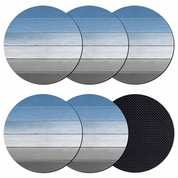 Ombre Blue Gray Wood Coasters Set of 6, Gradient Country Rustic Grain Absorbent Coasters for Drinks, Coaster for Bar Office Dining Coffee Table Accessories Decor, Non Slip Round Desk Coaster