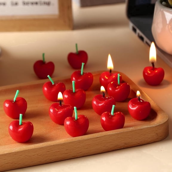 15 Pcs Cherry Shaped Birthday Candles, Cute Mini Fruit Cake Candles, Soy Wax Cupcake Toppers for Party, Wedding, Dessert Decorations (Red)