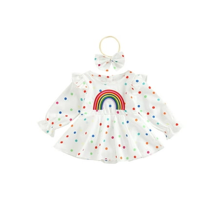 

Binwwede Baby Girl Romper Long Sleeve Round Neck Rainbow Dot Print Loose Dress Shaped Romper + Headband